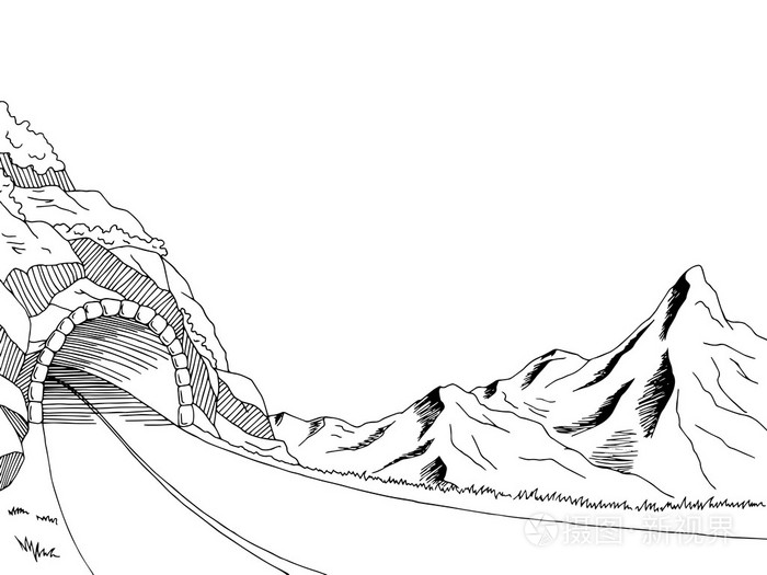 山公路隧道图形艺术黑白色风景素描图矢量