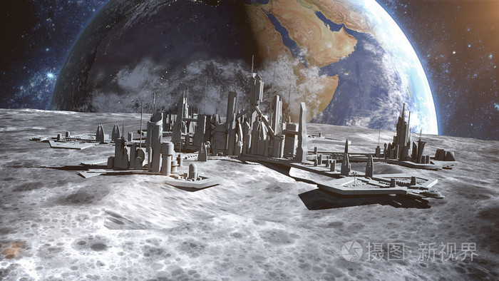 未来的城市,在月球上的小镇.行星地球空间视图.3d 渲染