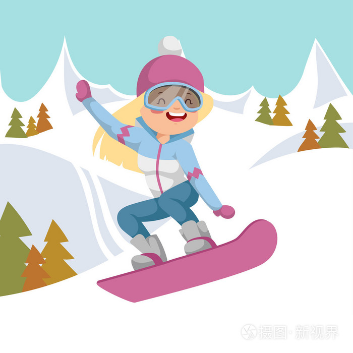 女孩骑在滑雪板上