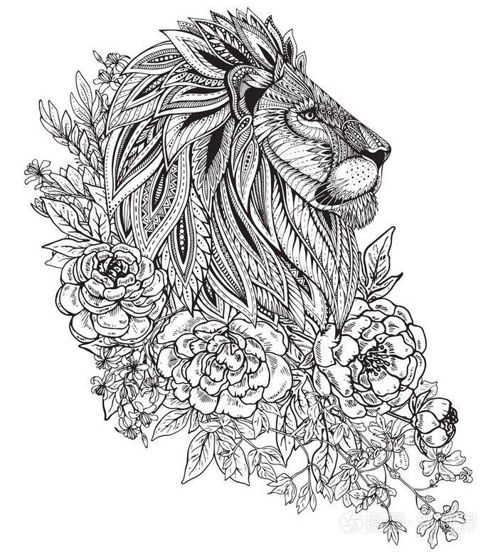 手绘图形华丽头的狮子与民族花卉涂鸦插画-正版商用1p