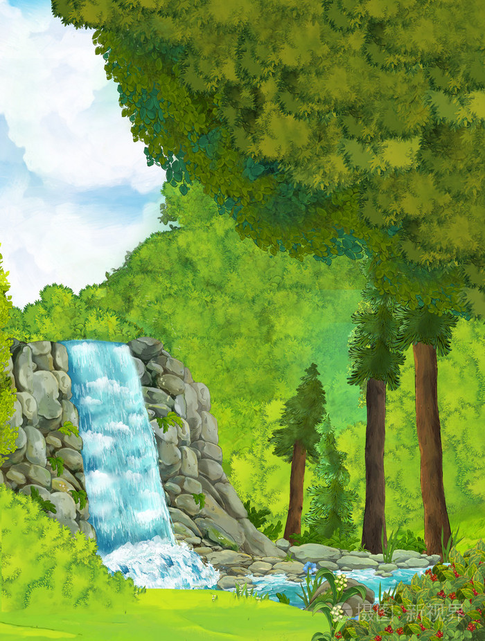 卡通场景用森林里的瀑布