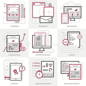 平面矢量业务图标设置。 公司风格。 概述了网站的图标。