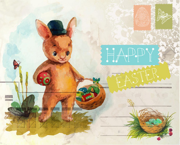 有趣的 复古的 卡片 庆祝 鸡蛋 招呼 花的 复活节 动物