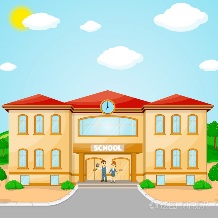 教学楼为回到学校旗帜的插图