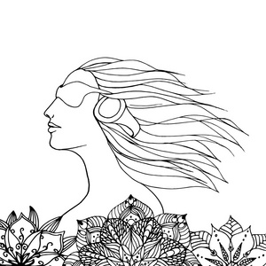 女人听音乐在花丛中图片