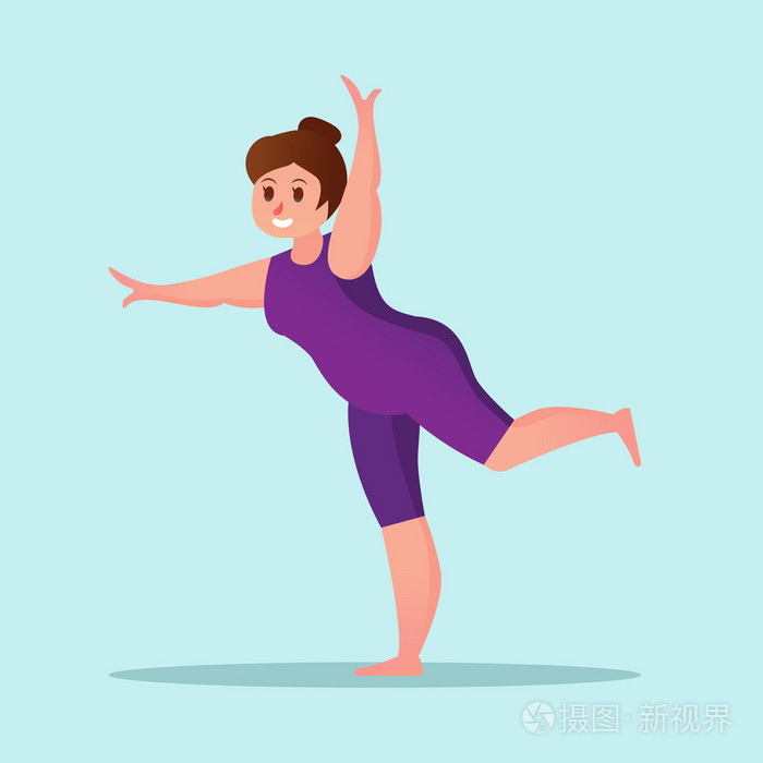 肥胖的年轻女人瑜伽锻炼搞笑卡通矢量图