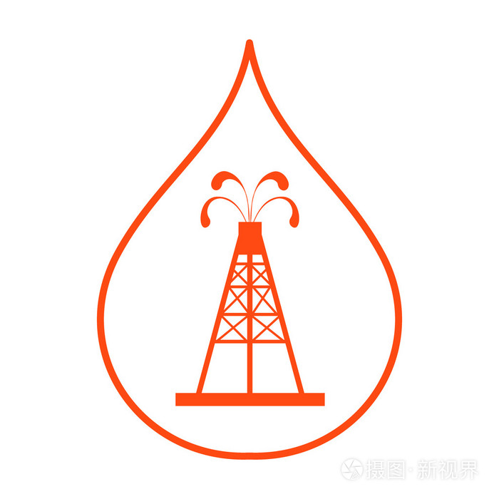 程式化的剪影石油钻机与喷泉喷起在白色背景上的燃料滴油油的图标