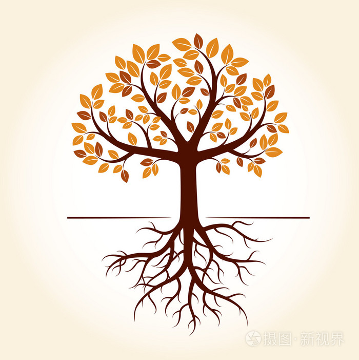 秋天一棵树和根.矢量图