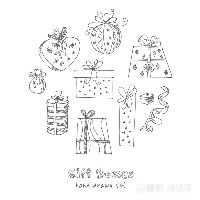 礼品盒涂鸦集.标识,设计的复古插画