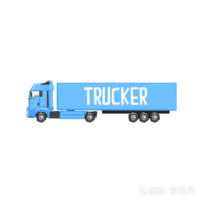 大型蓝色长途卡车,侧面有卡车司机标志