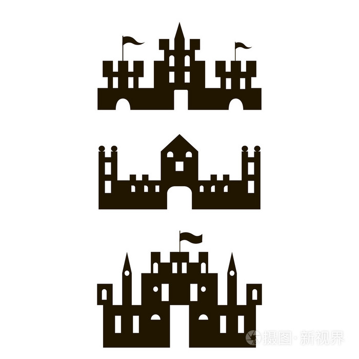 古代的哥特式塔和墙壁,与盖茨和标志.孤立的幼稚矢量图