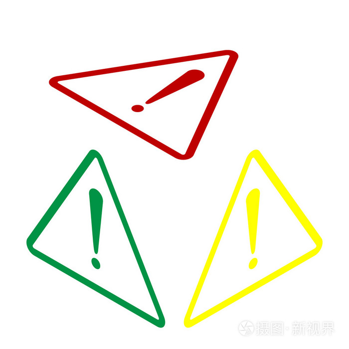 感叹号危险的信号.平面样式.红色, 绿色和黄色图标的等距样式