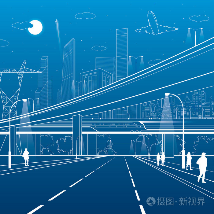 汽车立交桥基础设施城市情节人走飞机起飞火车移动ob桥现代城市蓝色