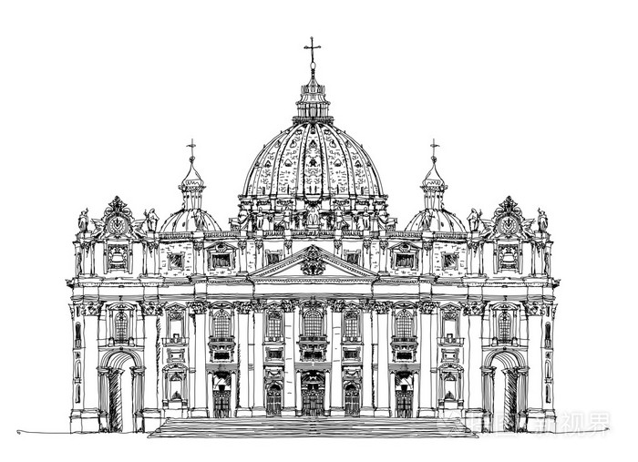 圣伯多禄大教堂罗马梵蒂冈意大利手绘图圣圣彼得大教堂矢量图