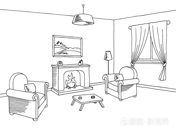 壁炉客厅室内图形艺术黑白色素描图矢量