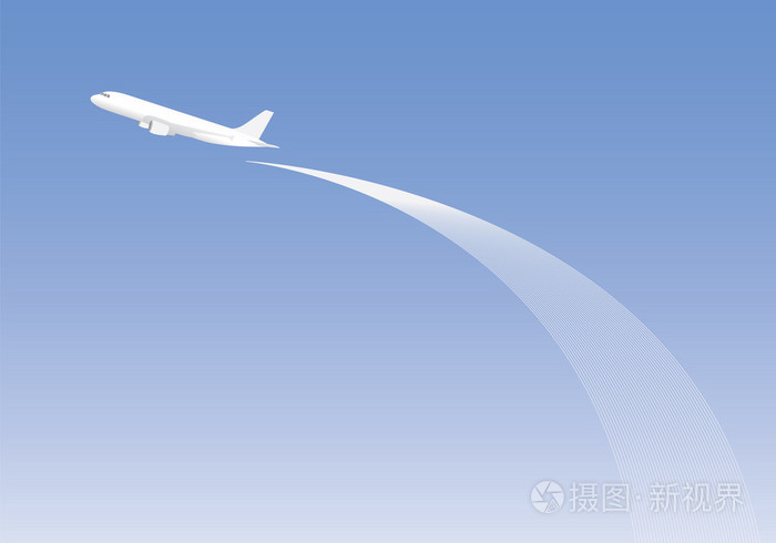 在空白的蓝色天空和线曲线背景白色飞机飞起来
