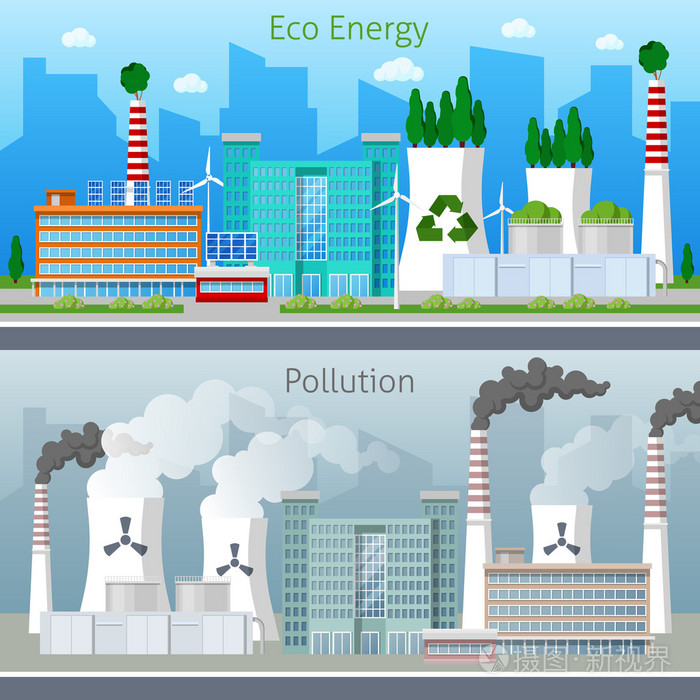 生态工厂绿色能源和空气污染城市景观. 向量