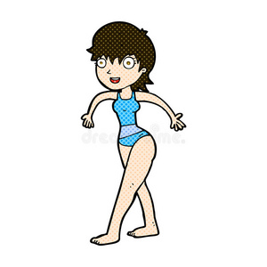 漫画快乐的女人穿着游泳服装