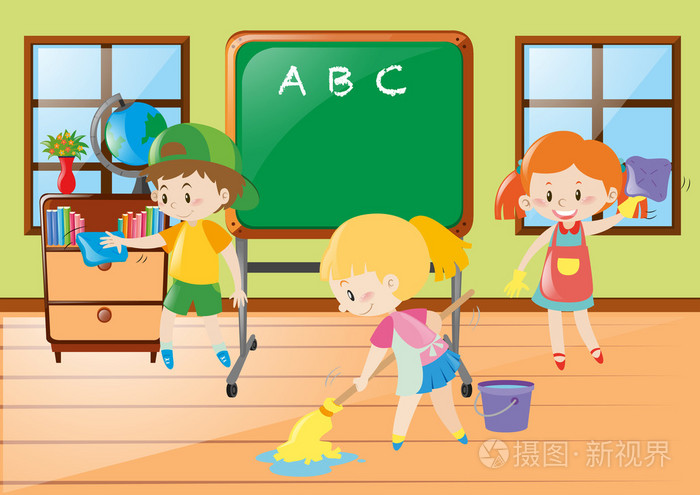 孩子们帮助打扫教室插画-正版商用图片1qroc0-摄图新视界