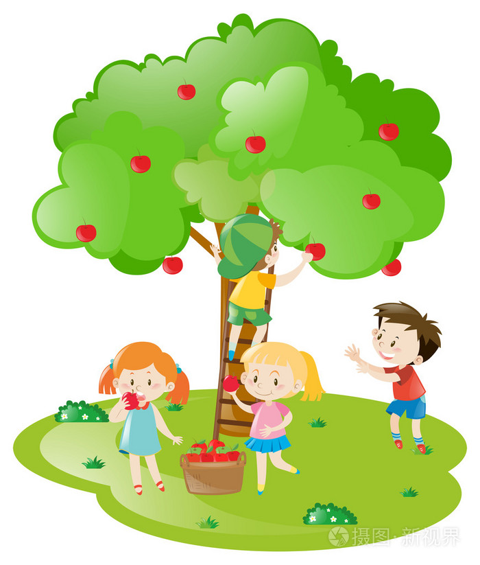 孩子们摘苹果从树上苹果