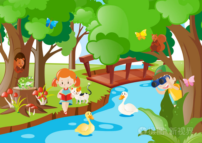 孩子和动物在河边