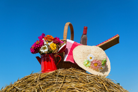 农业景观的野餐篮子和夏天帽子图片