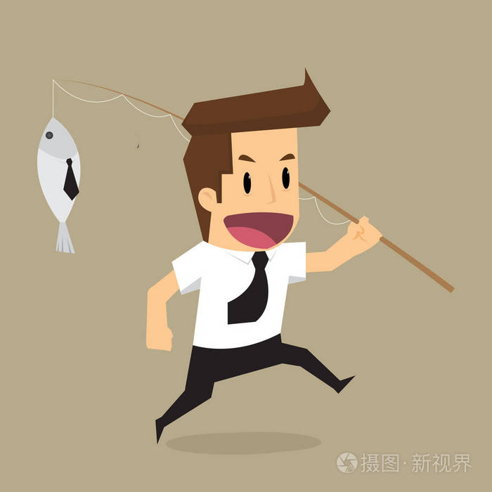 商人手拿着钓鱼竿,做生意的愚弄