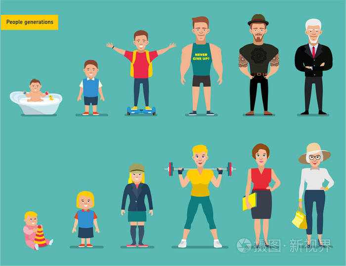 一代人在不同年龄段.平的卡通插图