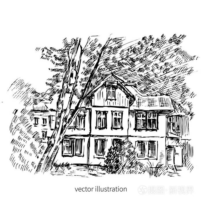 复古砖老欧洲房子,矢量图形插画,雕刻大纲草图大厦,乡村景观,历史建筑
