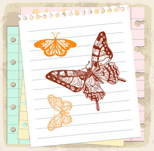 纸上的卡通蝴蝶，矢量插图