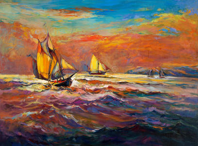 海滩 护卫舰 绘画 自然 风景 艺术 港口 形象 颜色 油漆