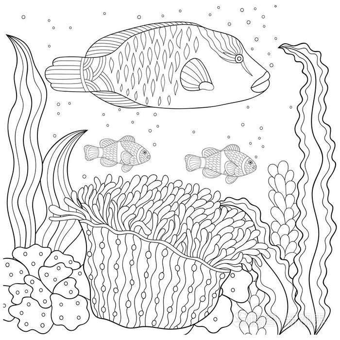 海洋模式着色书.海, 鱼, 海藻, 泡沫.为儿童和成人的着色书