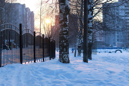 日落时的冬季景观铁栅栏图片