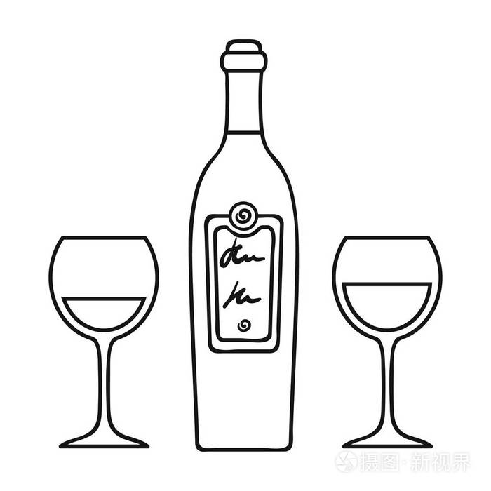 一瓶红酒配眼镜图标在白色背景上孤立的轮廓样式.餐厅