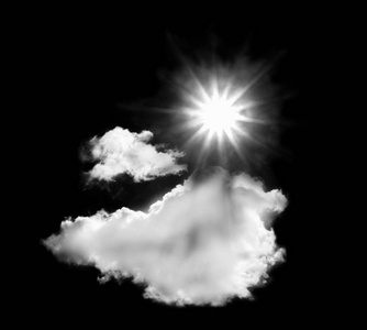 与太阳孤立在黑色背景上的白云图片