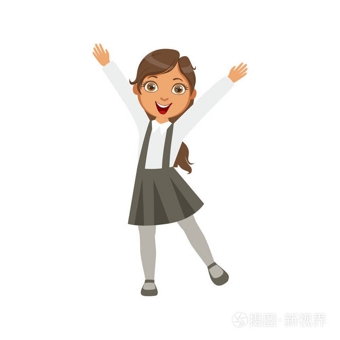 穿着吊带快乐做校服站和微笑的卡通人物与黑色短裙的女孩