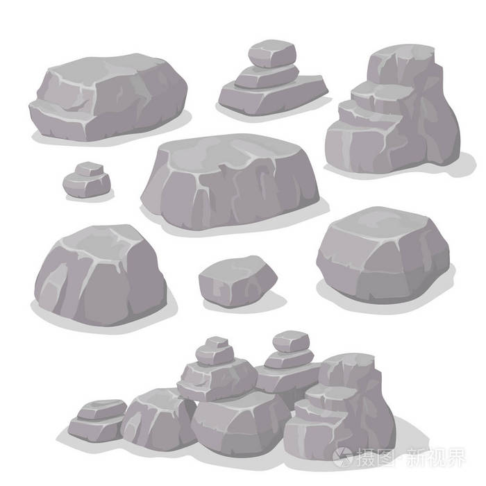灰色卡通套石头,白色背景孤立的不同形状的岩石元素