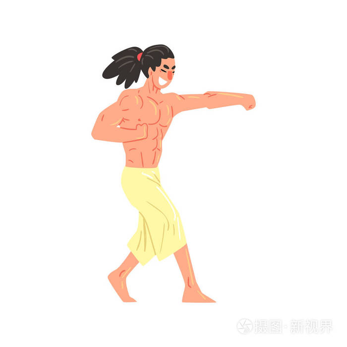 肌肉的赤膊空手道专业战士踢拳酷卡通人物