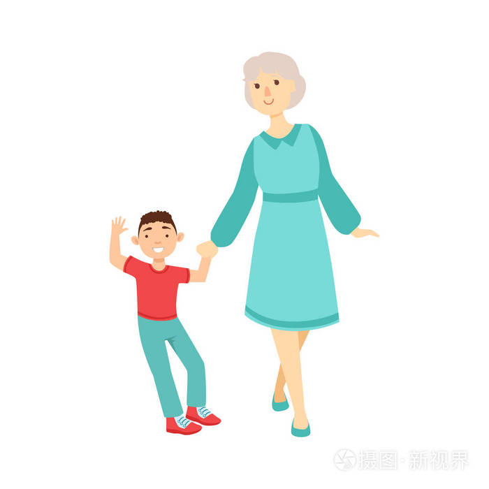 奶奶和孙子走牵手,祖父母或外祖父母与孙子通过时间一
