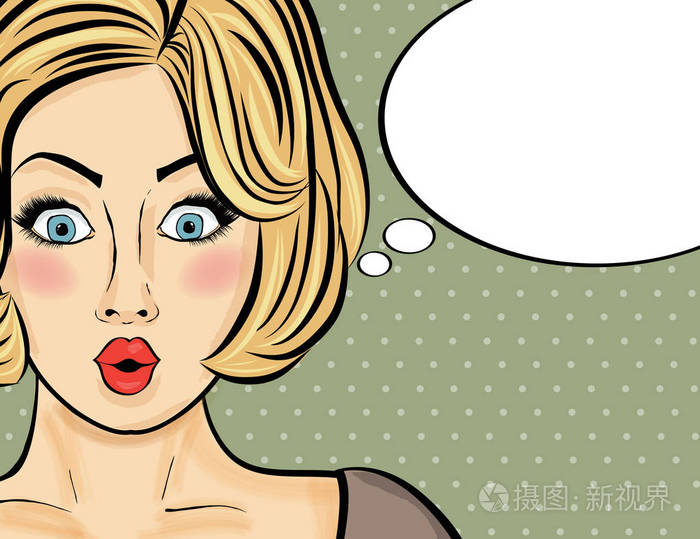 惊讶的波普艺术的女人讲话泡泡的漫画女人pin