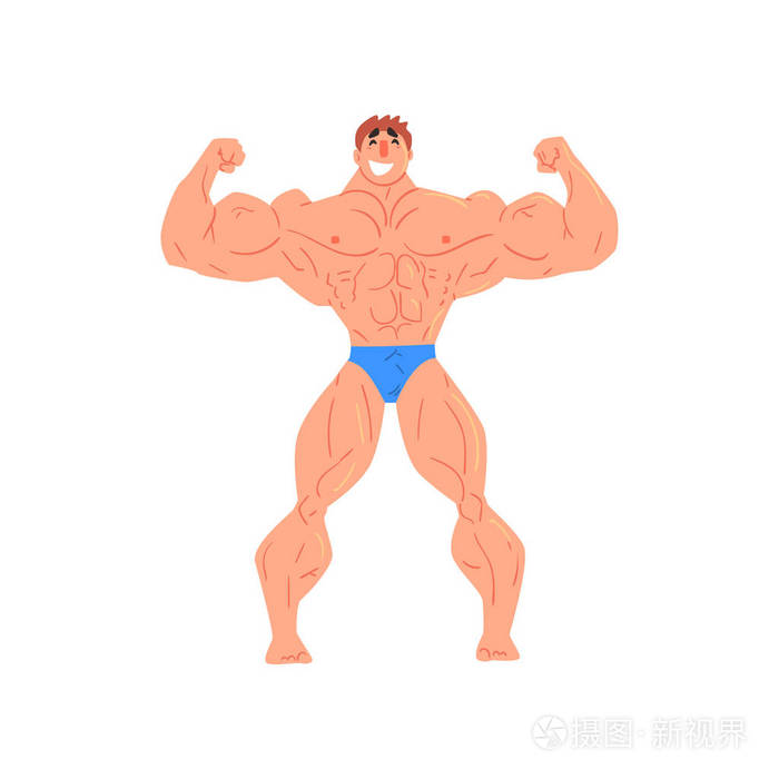 男子健美搞笑微笑展示肌肉在前台双二头肌冒充强人例程的类固醇的字符