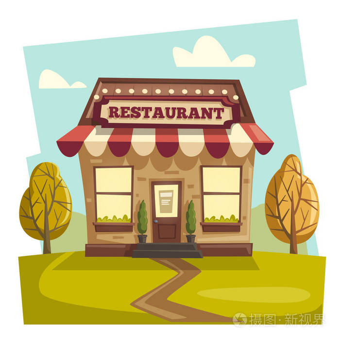 餐馆或咖啡厅建筑外部矢量卡通插画
