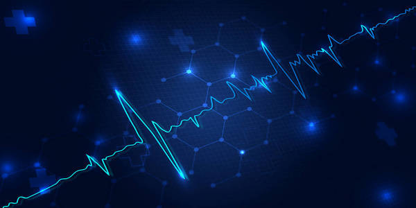 健康概念与心脏频率在蓝色背景图片