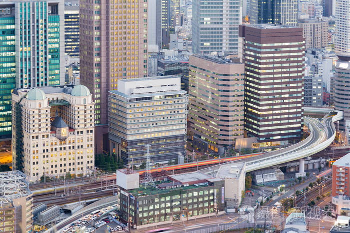 鸟瞰图, 大阪市办公大楼和道路,日本