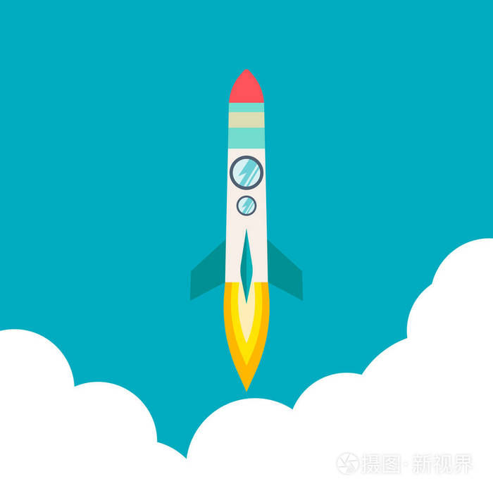 插图与 3d 飞行的火箭.太空旅行到月球.航天火箭发射.