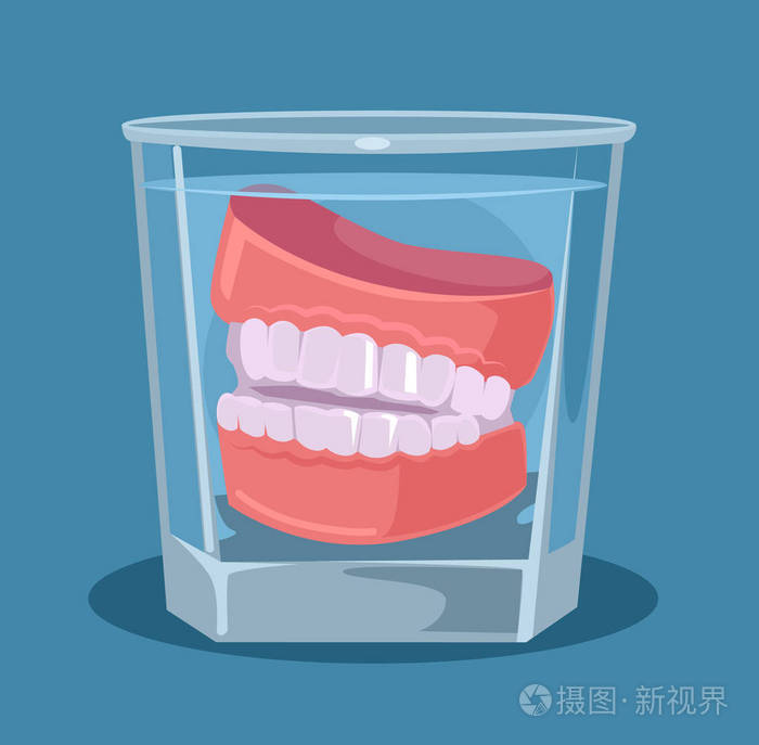 在玻璃中的假牙.矢量平面卡通插画