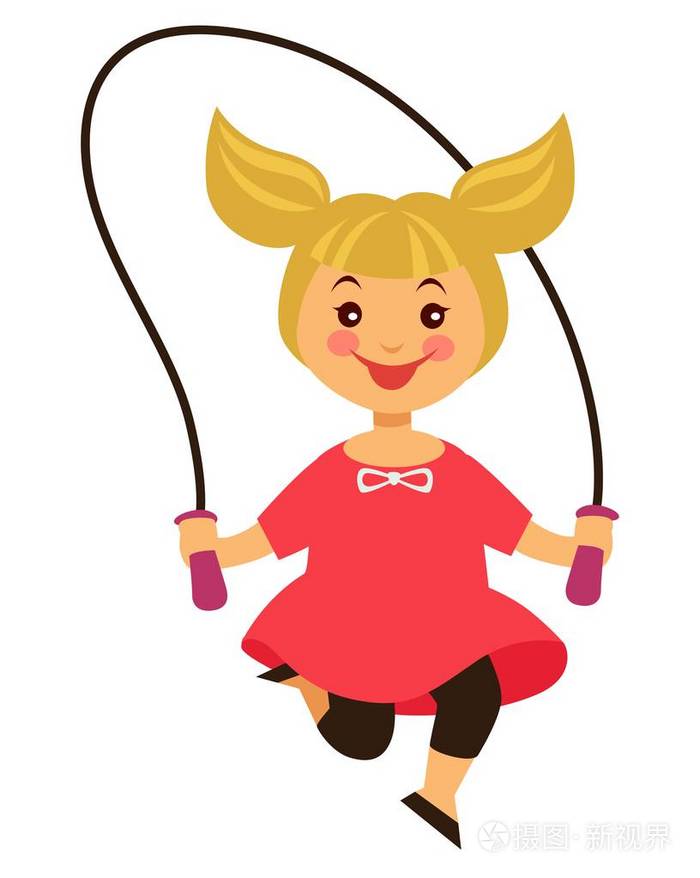快乐的金发小女孩跳过跳绳. 孩子做运动,玩得很开心.