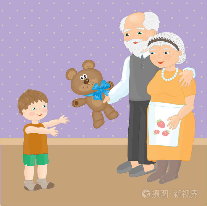 爷爷奶奶给他们的孙子一个玩具