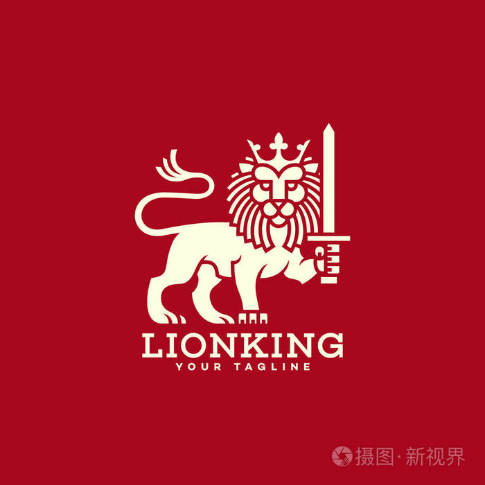 狮子与皇冠和剑标志模板设计. 矢量图.
