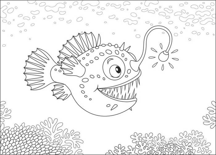 鳗鱼在深海中狩猎,黑白矢量插图,卡通风格为一本着色书